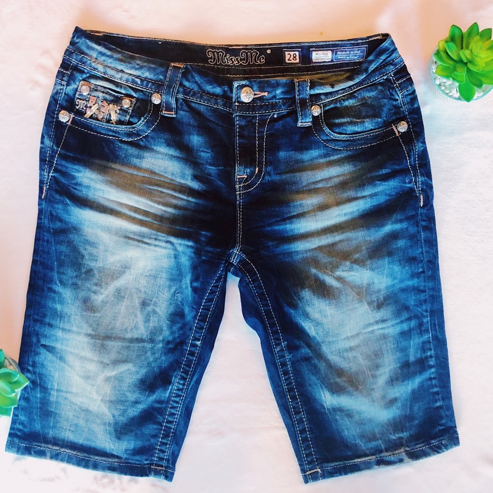 “Miss Me” Bedazzled Curvy Bermuda Jean Shorts